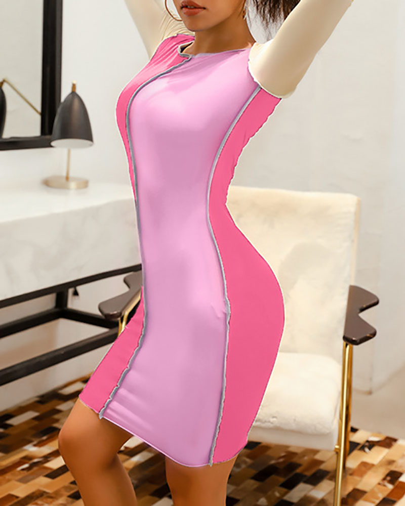 

Colorblock Contrast Piping Bodycon Dress, Pink