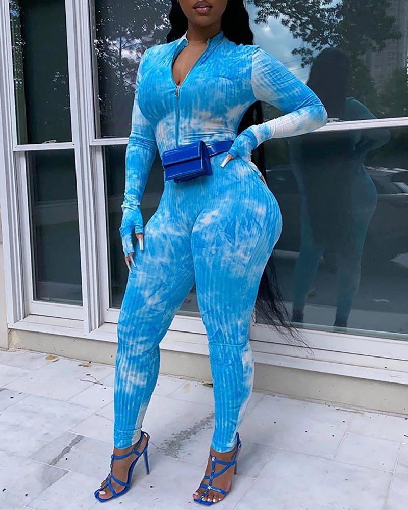 

Tie Dye Print Ribbed Zipper Design Jumpsuit, Blue