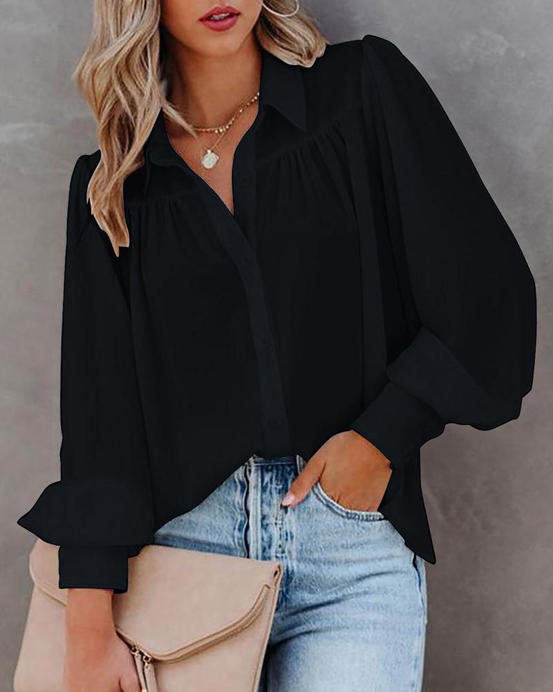 

Lantern Sleeve Ruched Buttoned Shirt, Black