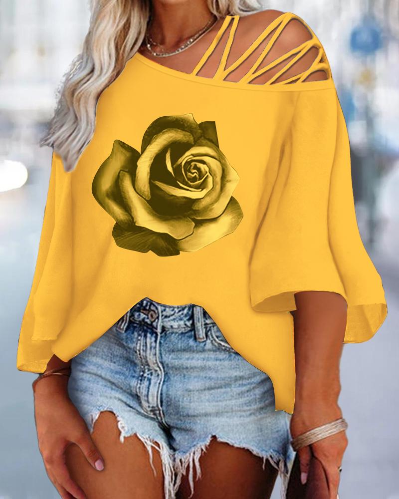 

Plus Size Rose Print Cold Shoulder Crisscross Top, Yellow