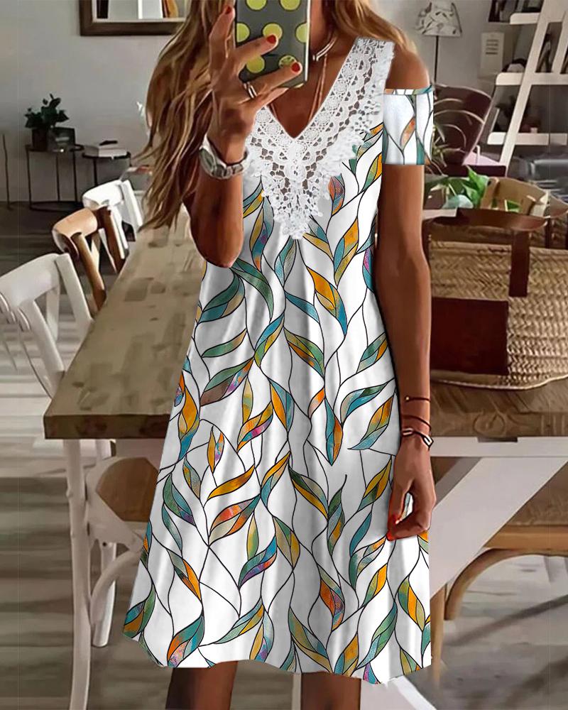 

Plants Print Contrast Lace Cold Shoulder Casual Dress, White