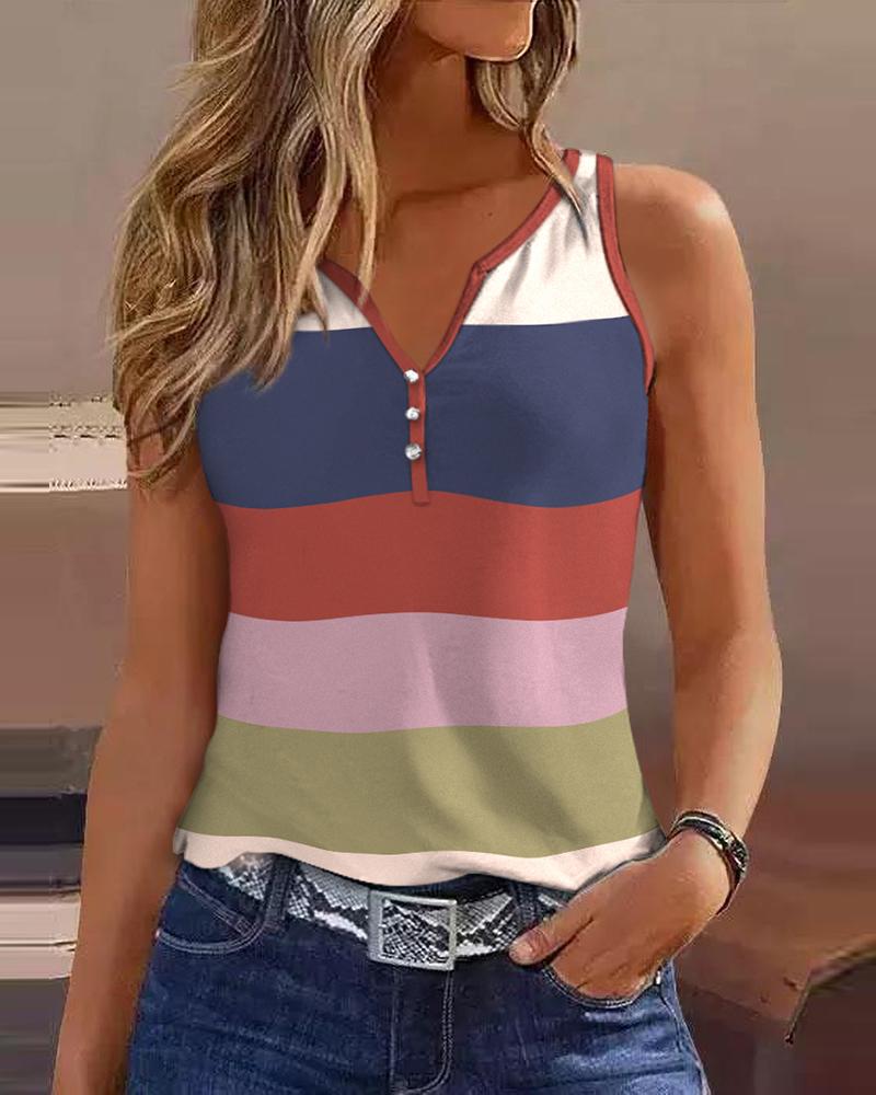 

Striped Colorblock Button Front Casual Tank Top, Multicolor