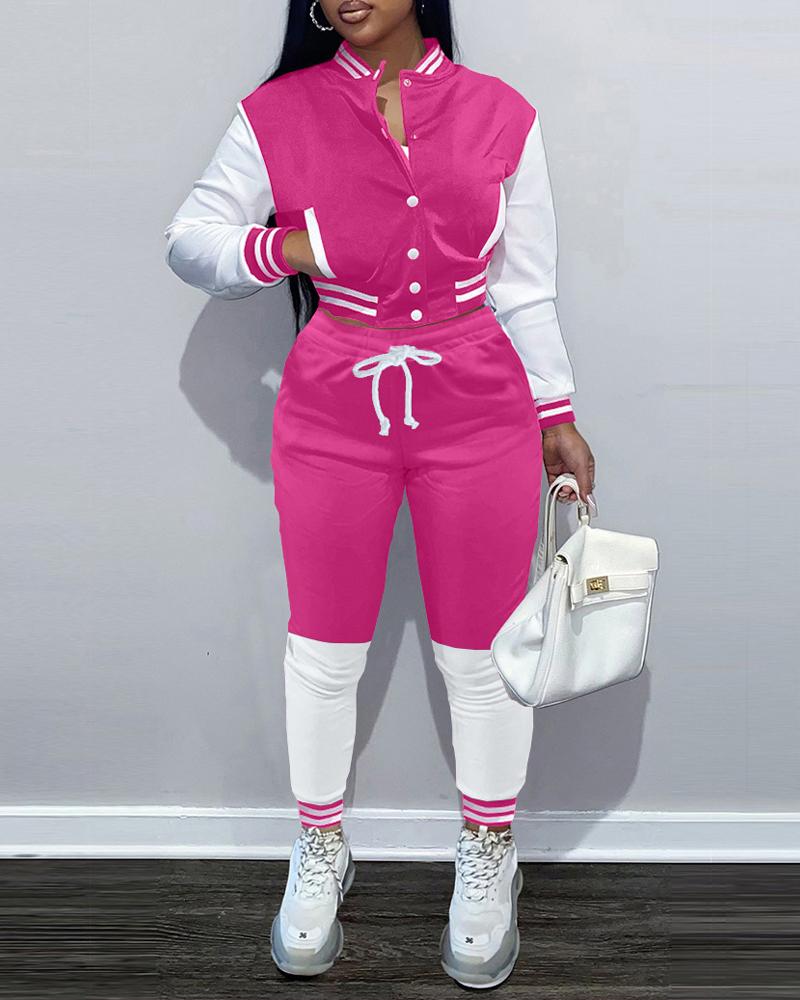 

Colorblock Striped Trim Bomber Jacket & Pants Set, Hot pink