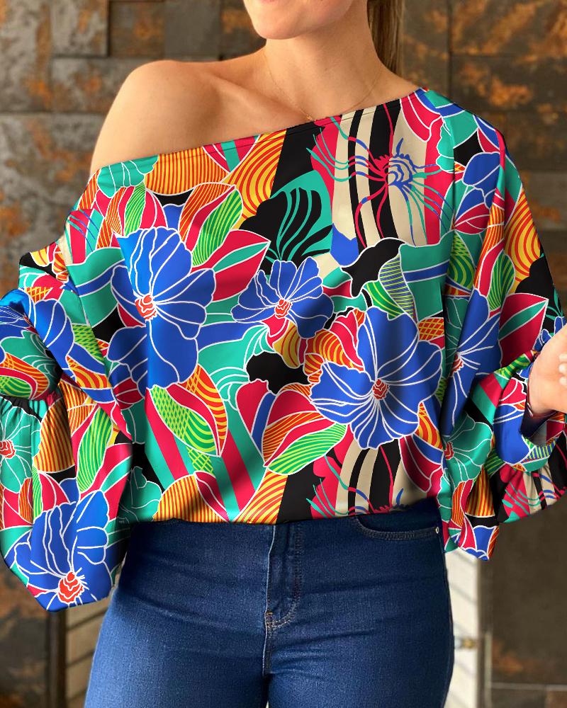 

Colorful Floral Print One Shoulder Lantern Sleeve Top, Multicolor