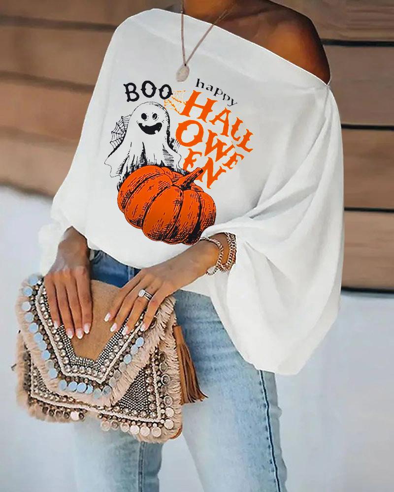 

Halloween Pumpkin Letter Print Lantern Sleeve Top, White