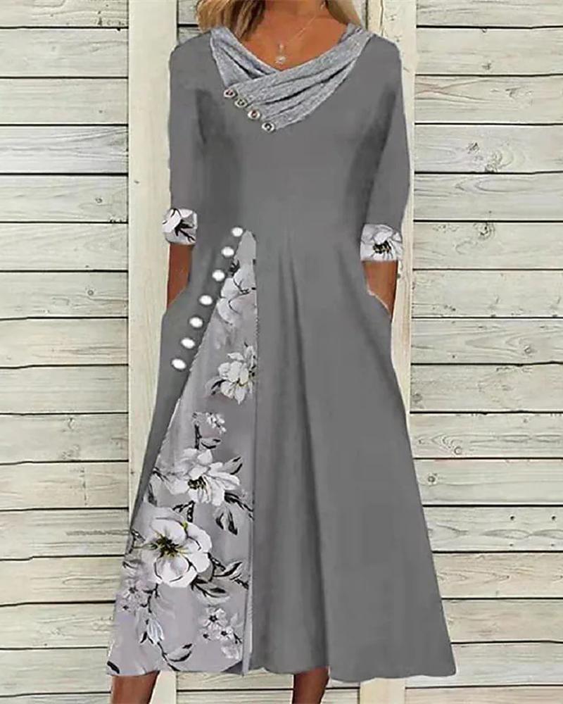 

Floral Print Button Detail Casual Dress, Gray