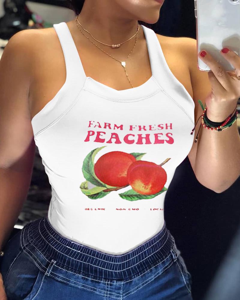 

Letter Peach Print Sleeveless Casual Tank Top, White
