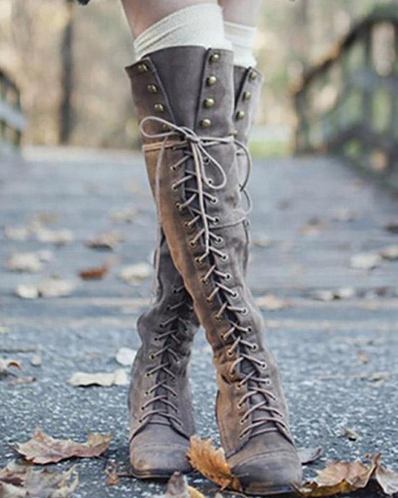 

Eyelet Lace-up Studded Side Zipper Boots, Khaki