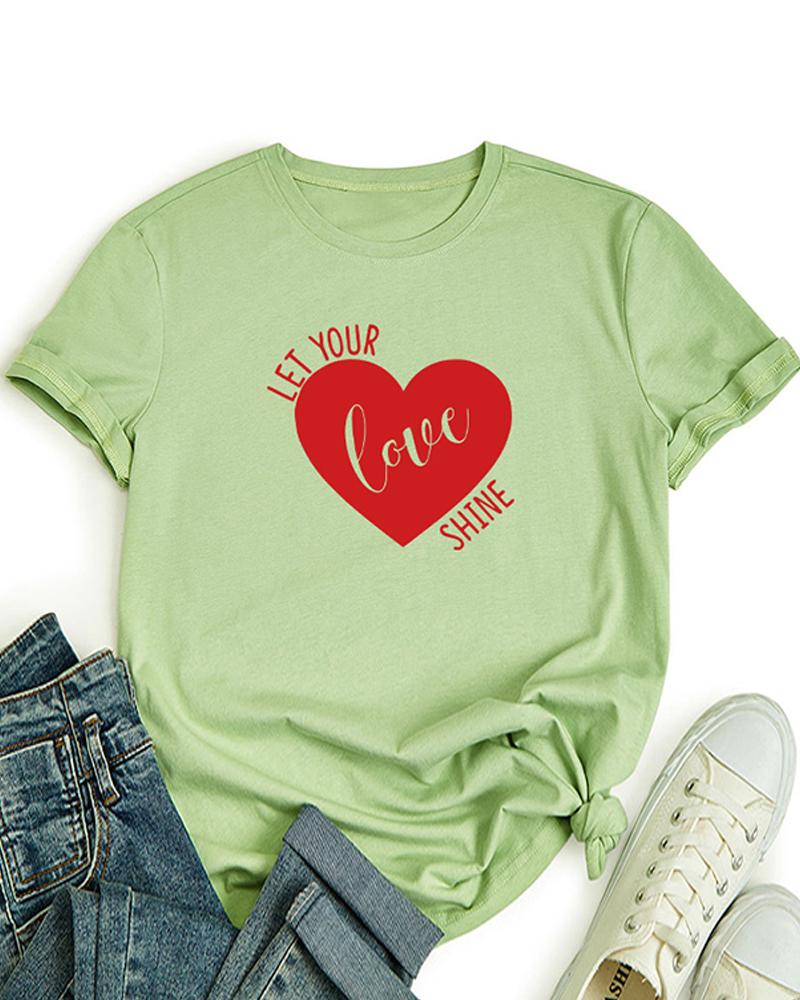 

Round Neck Letter Heart Print Cotton Basic Top, Green