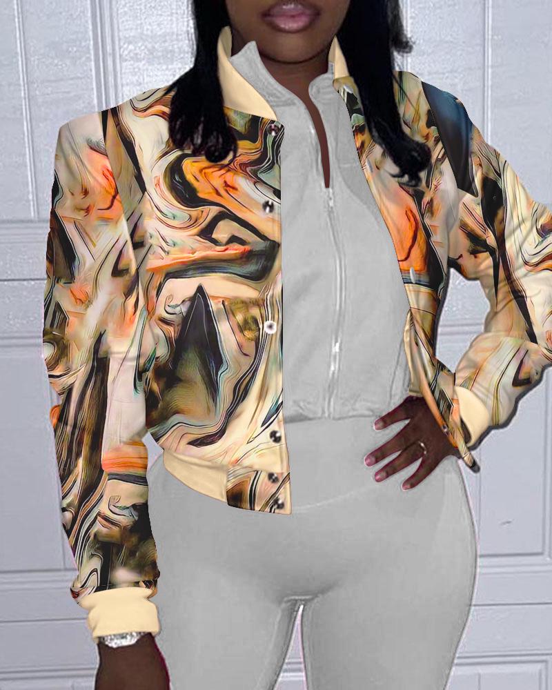 

Marble Print Long Sleeve Baseball Jacket, Khaki