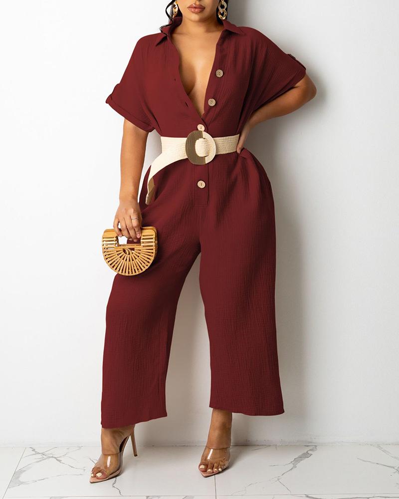

Solid Button Front Roll Hem Cropped Jumpsuit, Wine red