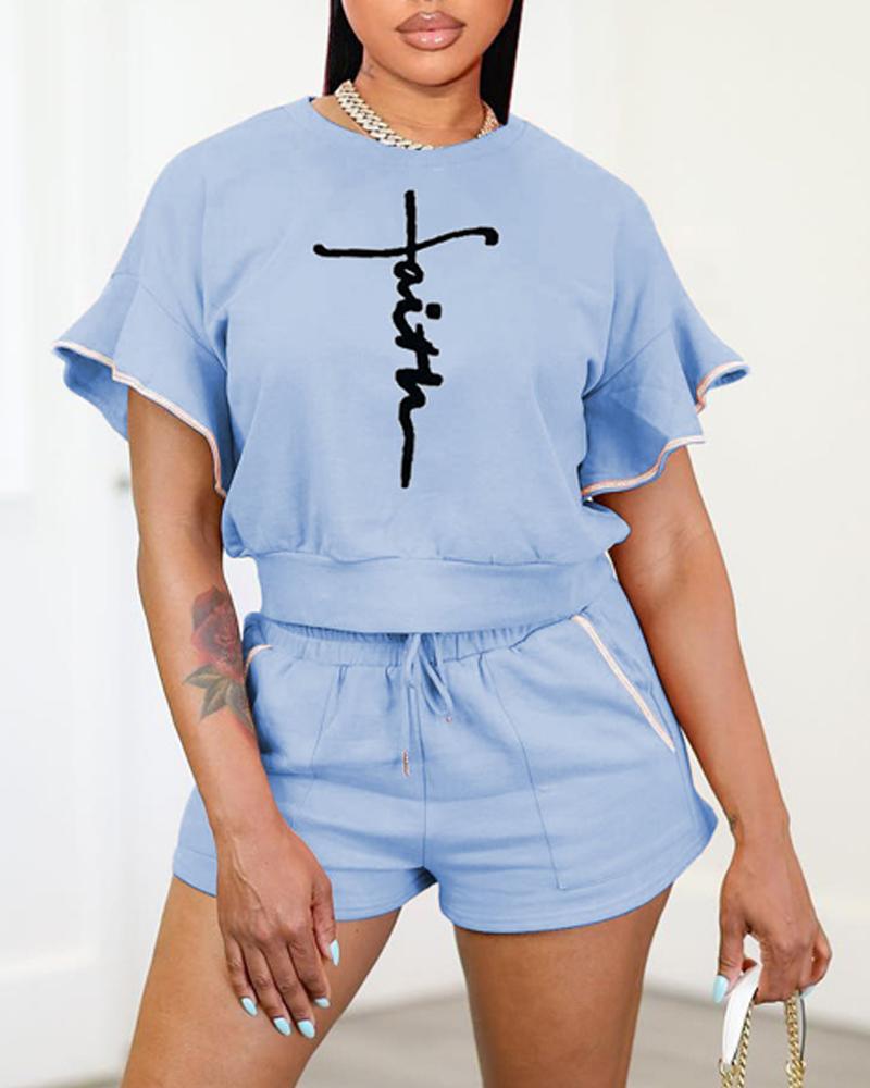 

Letter Print Top & Drawstring Shorts Set, Blue