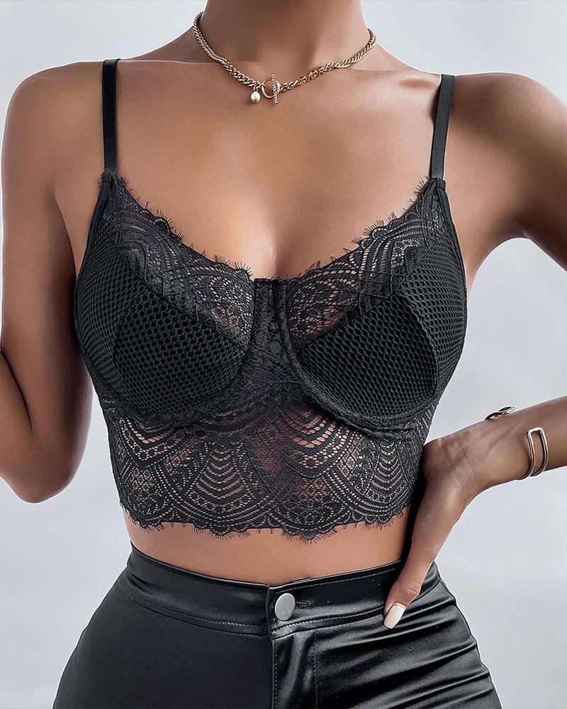 

V-Neck Eyelash Lace Crop Cami Top, Black