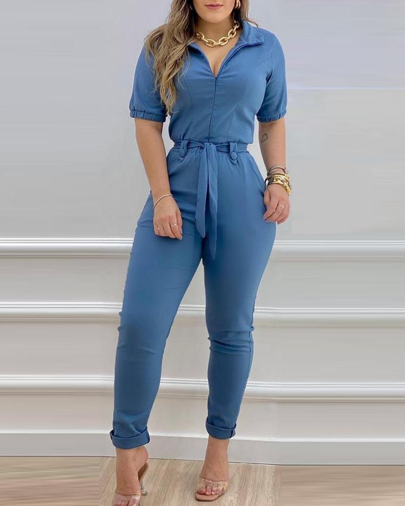 

Short Sleeve Tied Detail Casual Jumpsuit Solid Color Turn-down Collar Casual Jumpsuit, Blue