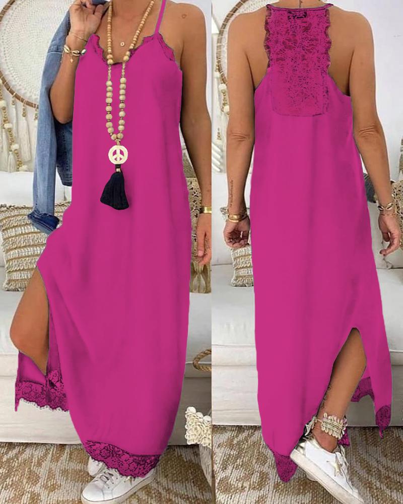 

Lace Trim Spaghetti Strap Maxi Dress, Hot pink