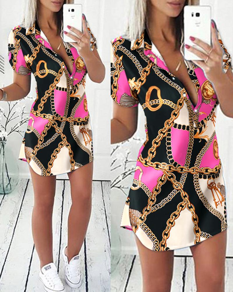 

Scarf Chain Print Button Front Shirt Dress, Rose red