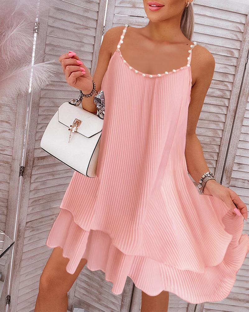 

Layered Pearls Strap Pleated Casual Dress, Light pink