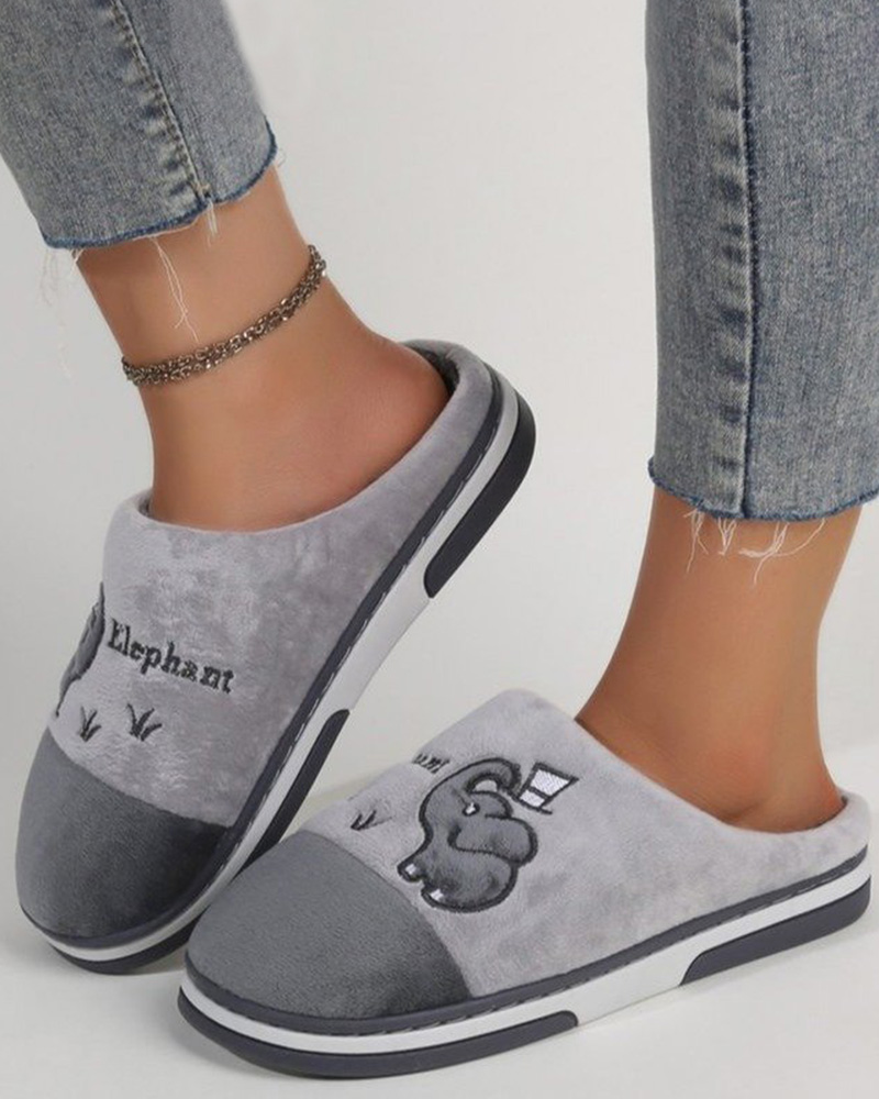 

Colorblock Elephant Pattern Fuzzy Slippers, Gray
