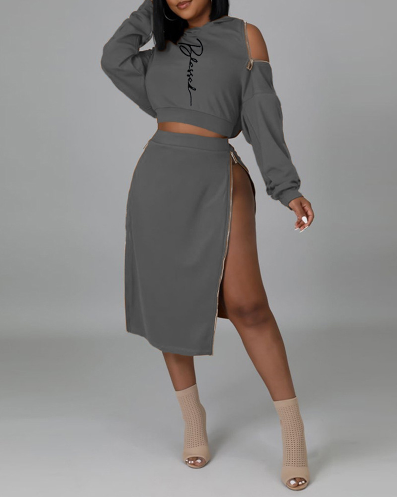

Letter Pattern Hooded Zipper Design Top & Skirt Set, Gray
