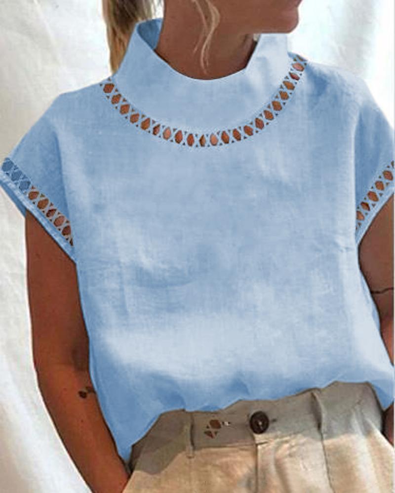 

Plain Hollow Out Casual Top, Blue