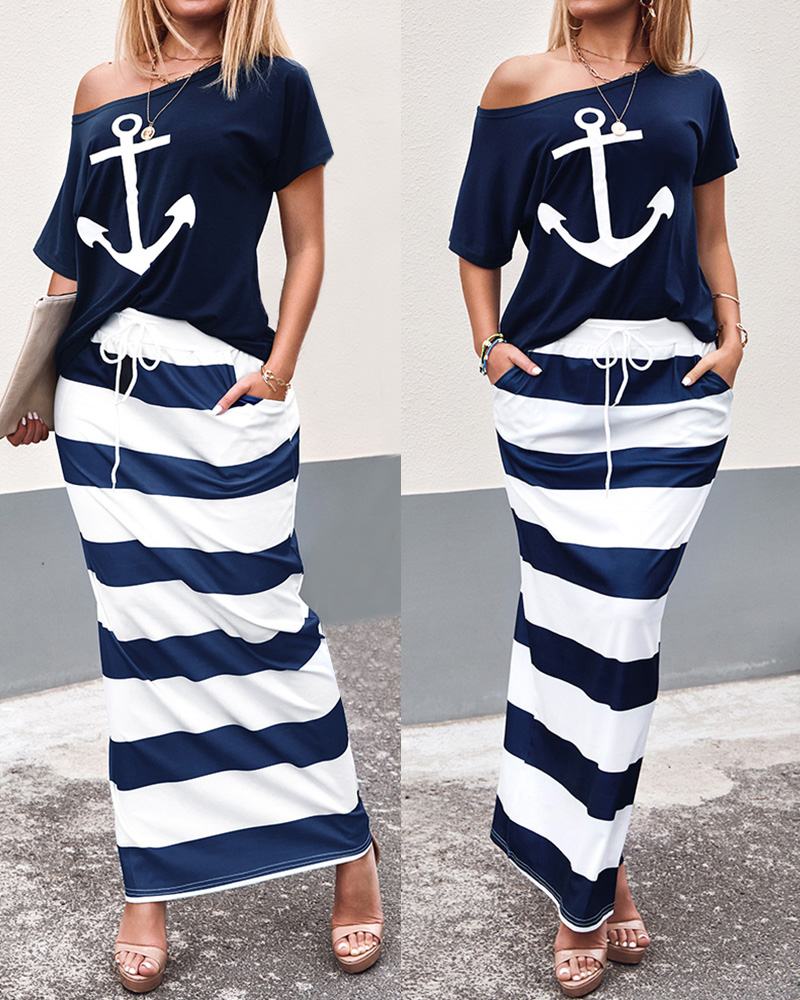 

Boat Anchor Print T-Shirt & Striped Drawstring Skirt Set, Blue