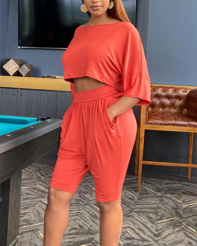 

Solid Long Sleeve Loose T-shirts With Shorts Suit Sets, Orange