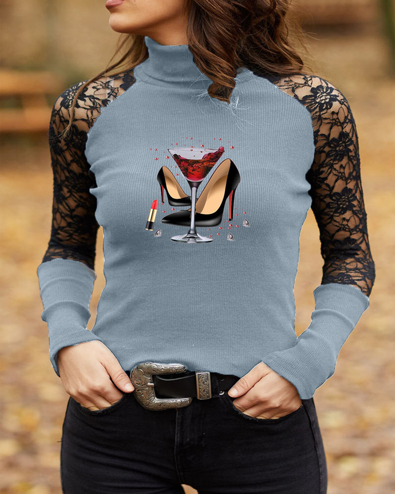 

Graphic Print Contrast Lace Long Sleeve Ribbed Top, Gray