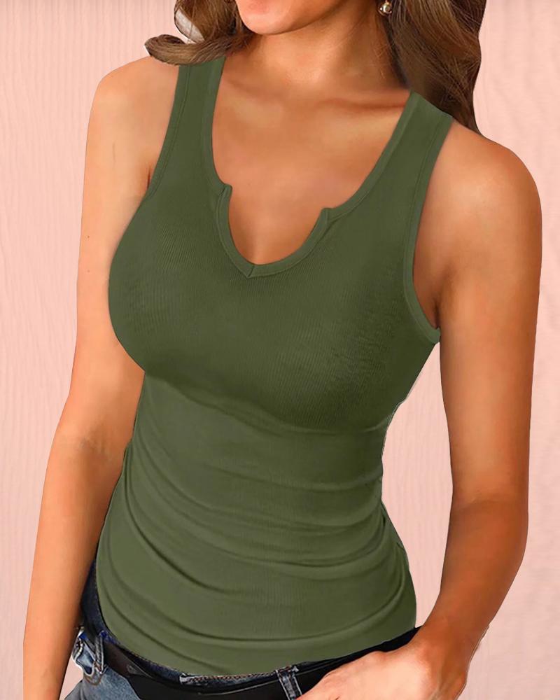 

Plain Notch Neck Casual Tank Top, Green