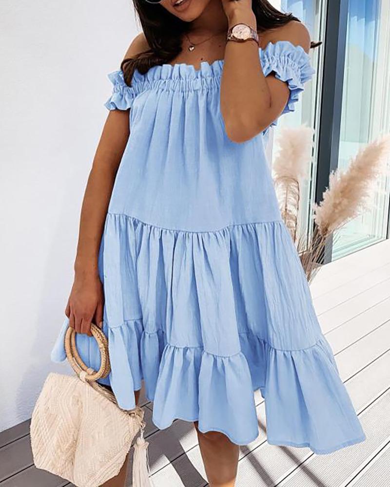 

Off Shoulder Frill Hem Plain Ruched Dress, Blue