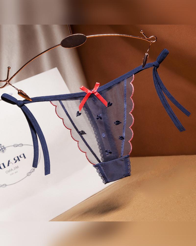 

Solid Lace Bowknot Strappy Panties, Dark blue