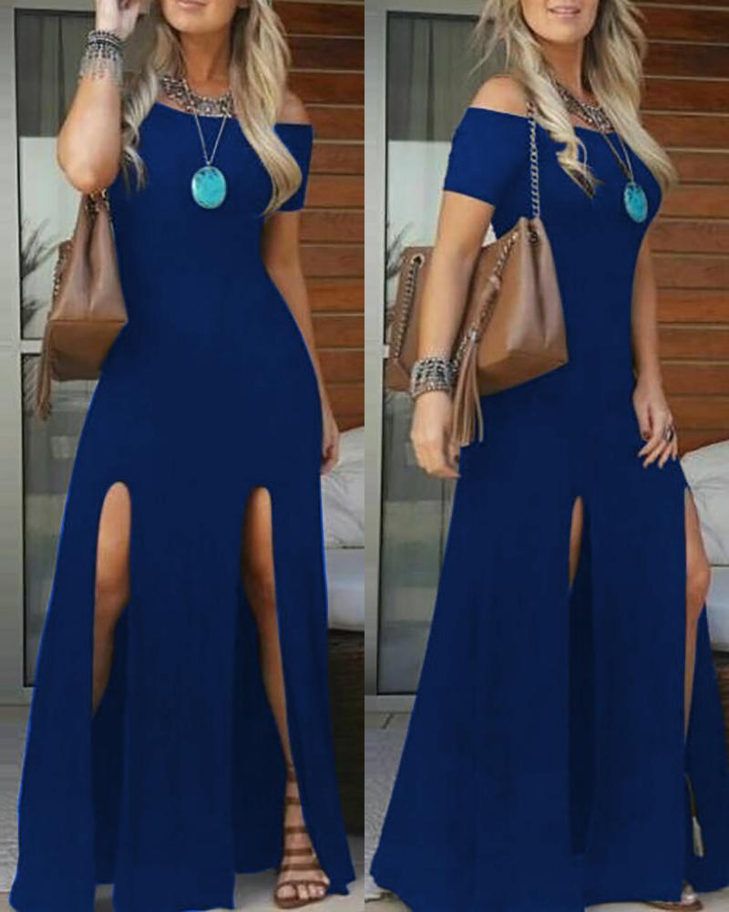 

Plain Off Shoulder High Slit Maxi Dress Casual Loose Maxi Dress, Blue