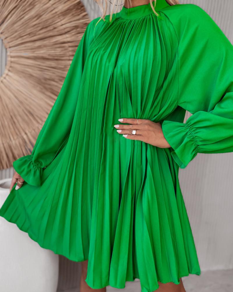 

Lantern Sleeve Mock Neck Pleated Swing Dress, Green