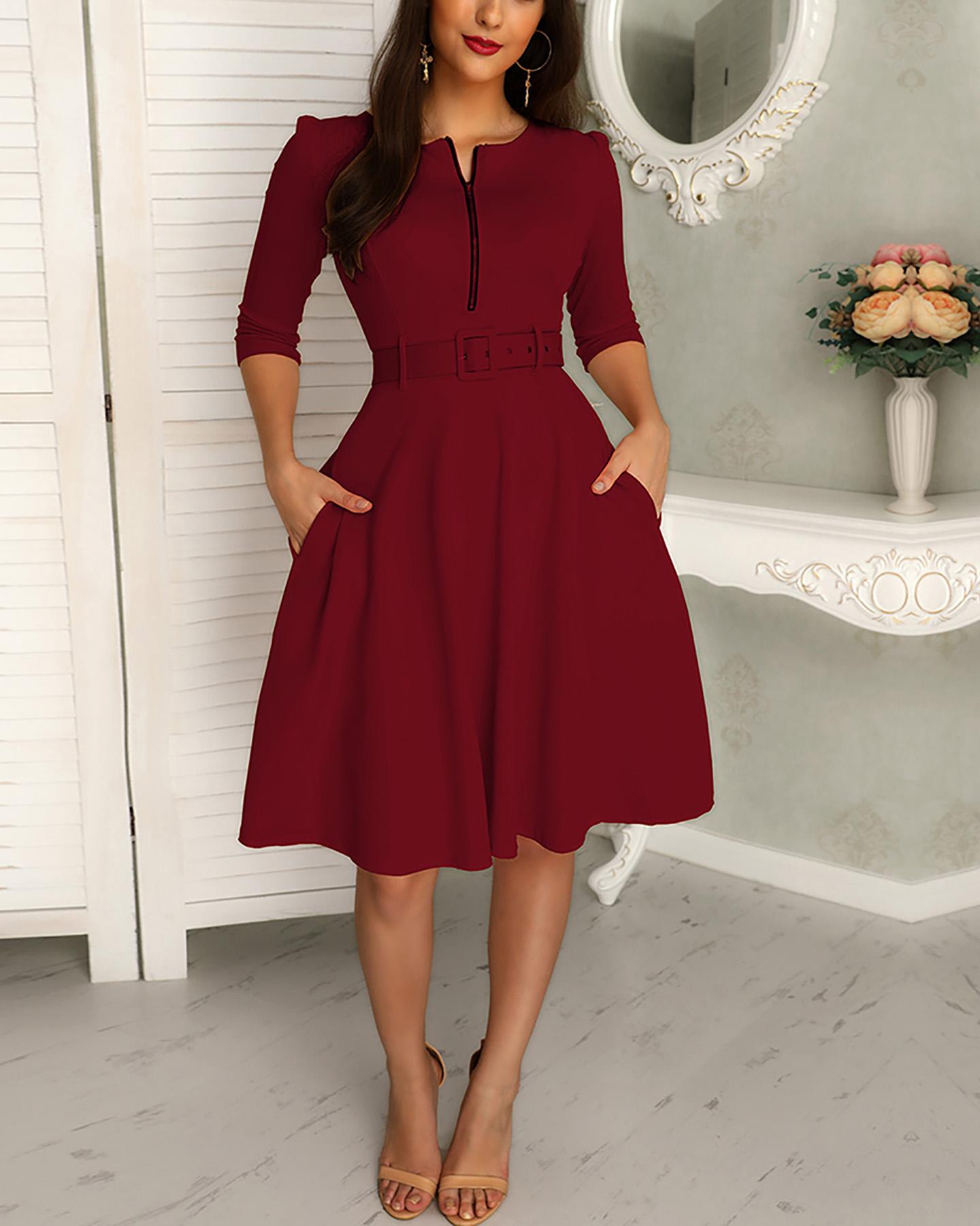 

Zipper Pocket Design Casual Dress, Wine red