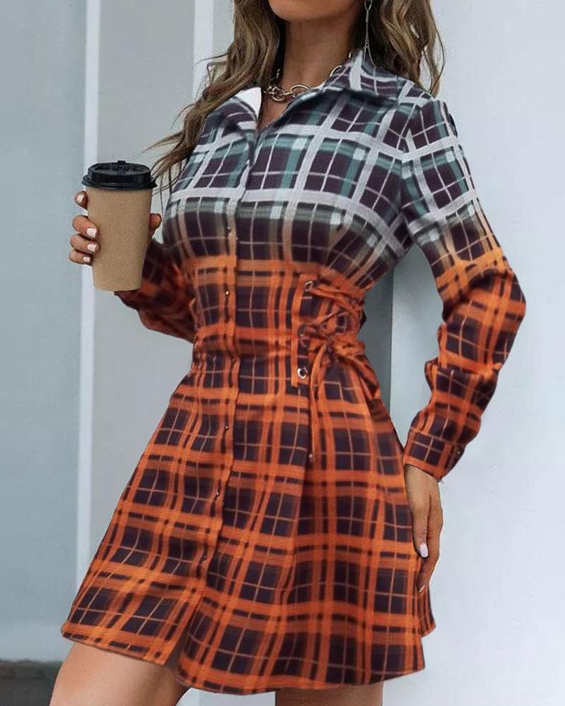 Ombre Plaid Print Buttoned Shirt Dress