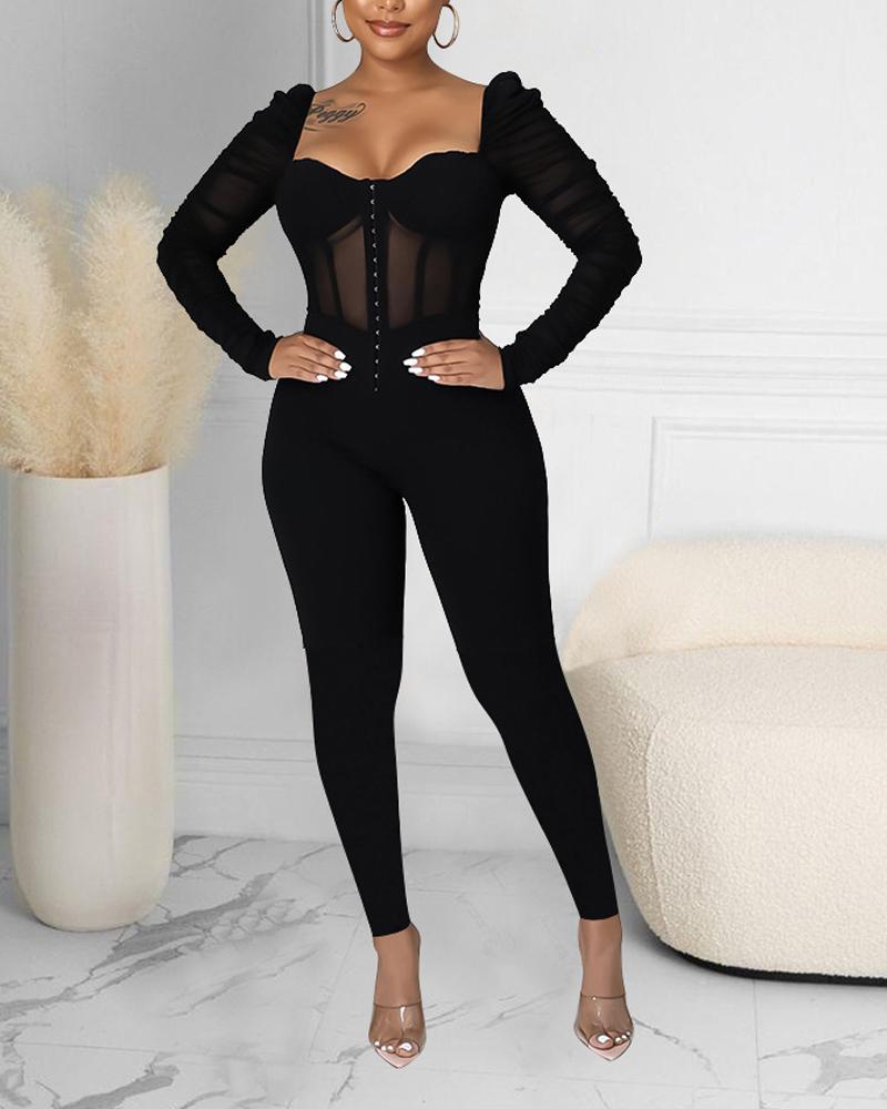 

Contrast Mesh Puff Sleeve Hook Front Skinny Jumpsuit, Black