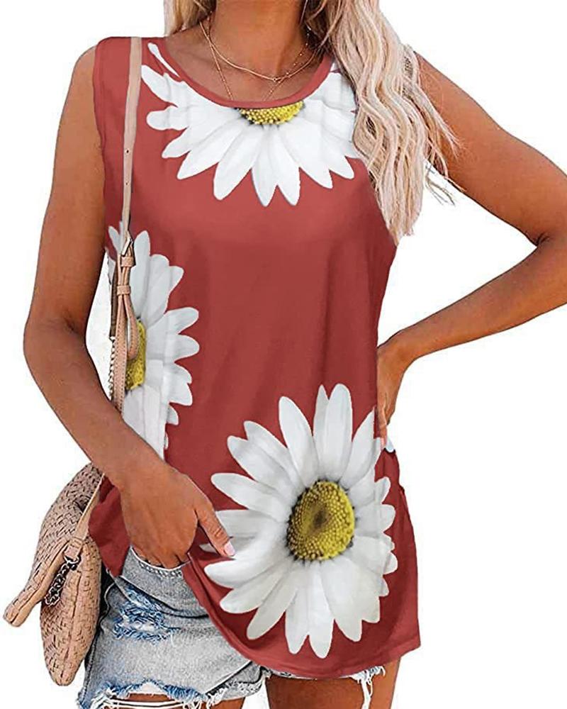 

Daisy Print Casual Tank Top, Red