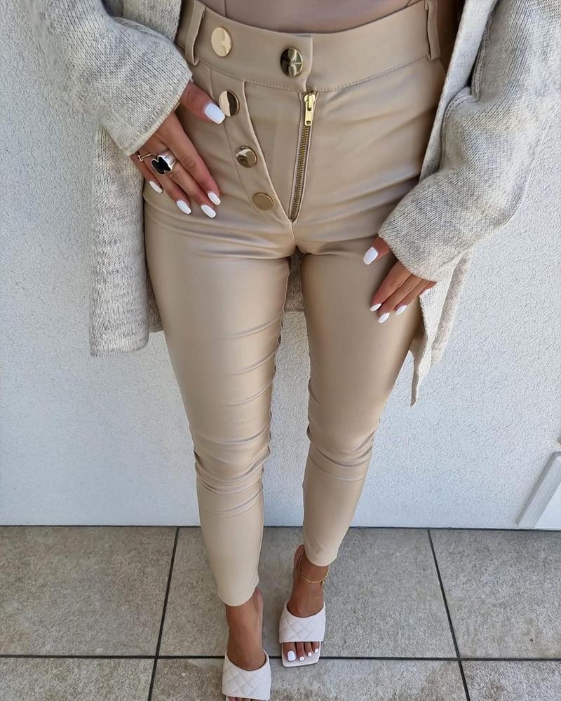 

Zipper Fly Button Decor Skinny Pants, Apricot