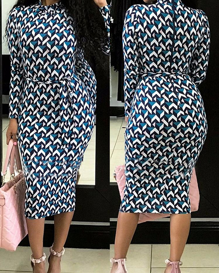 

Geometric Print Bodycon Dress, Dark blue
