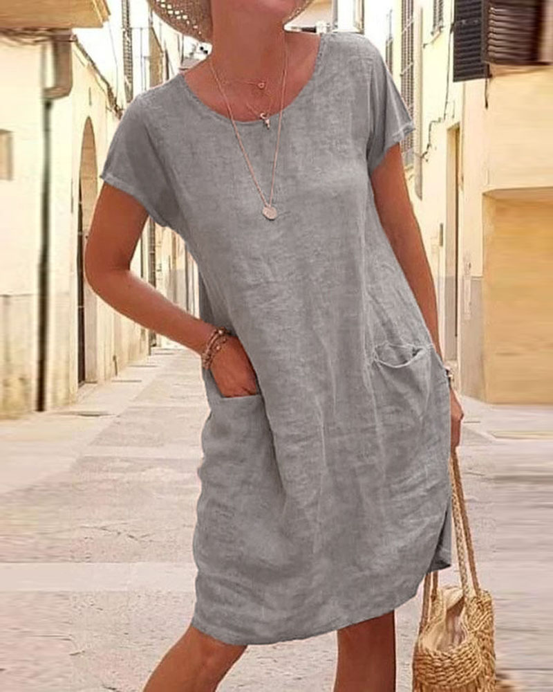 

Pocket Detail Short Sleeve Casual Dress, Gray