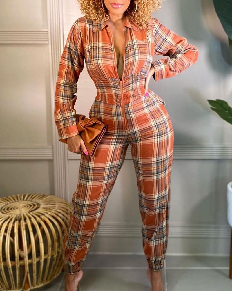 

Plaid Print Zipper Design Shirred Cuff Jumpsuit, Multicolor