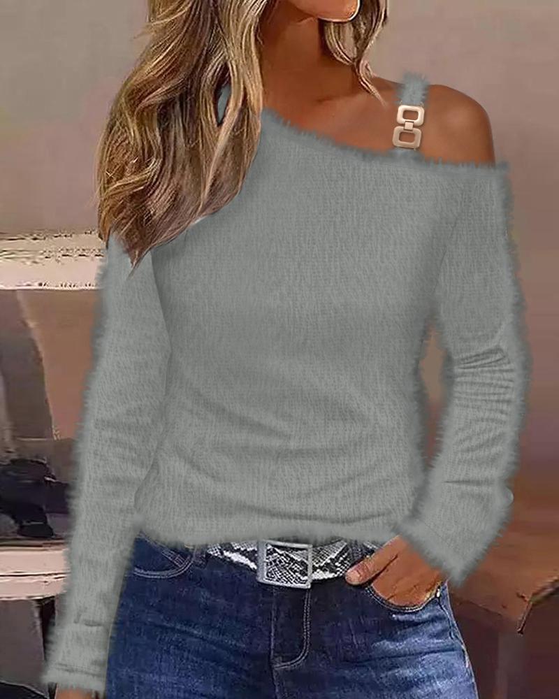 

Cold Shoulder Long Sleeve Fluffy Top, Gray