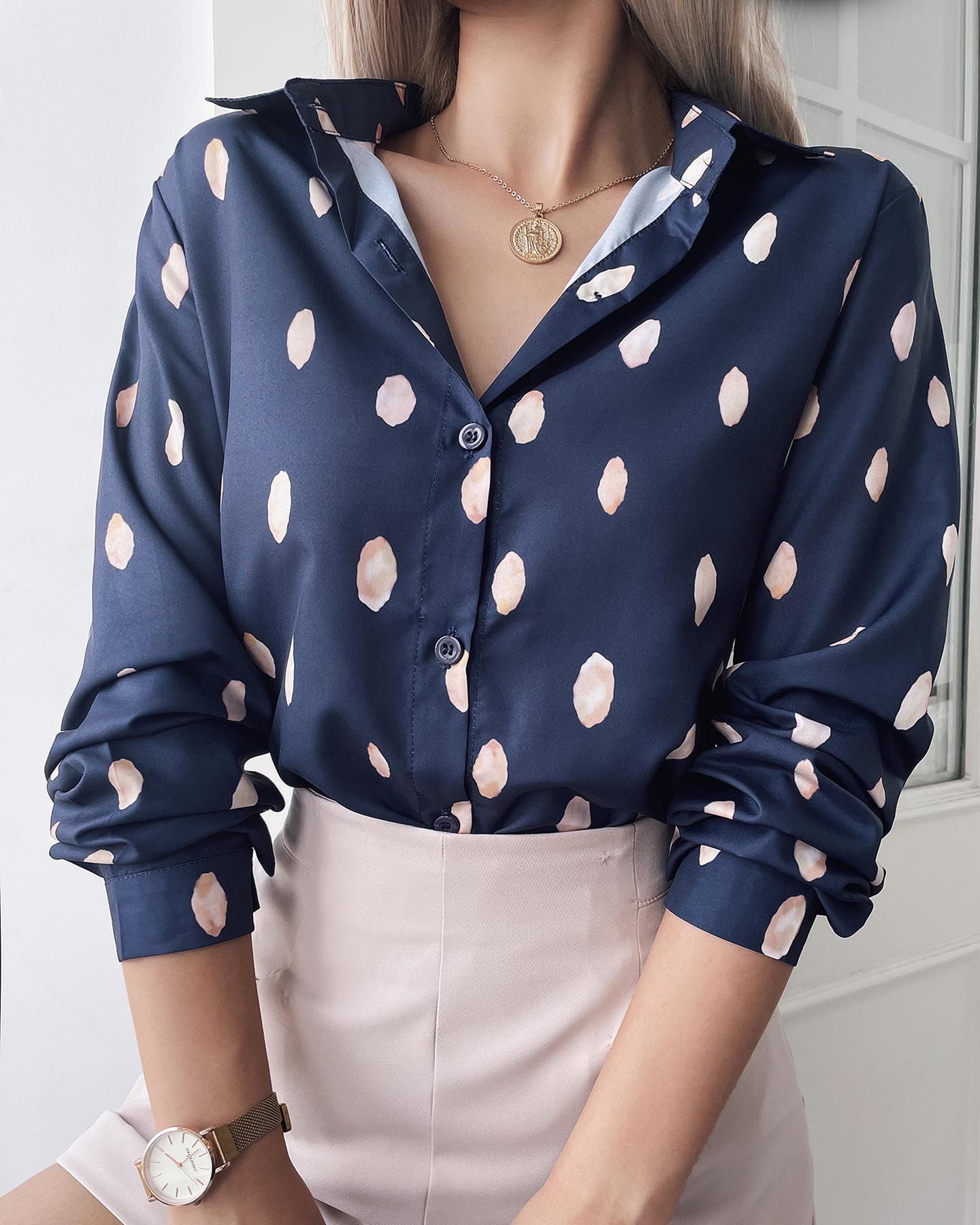 

Polka Dot Print Button Front Blouse, Purplish blue
