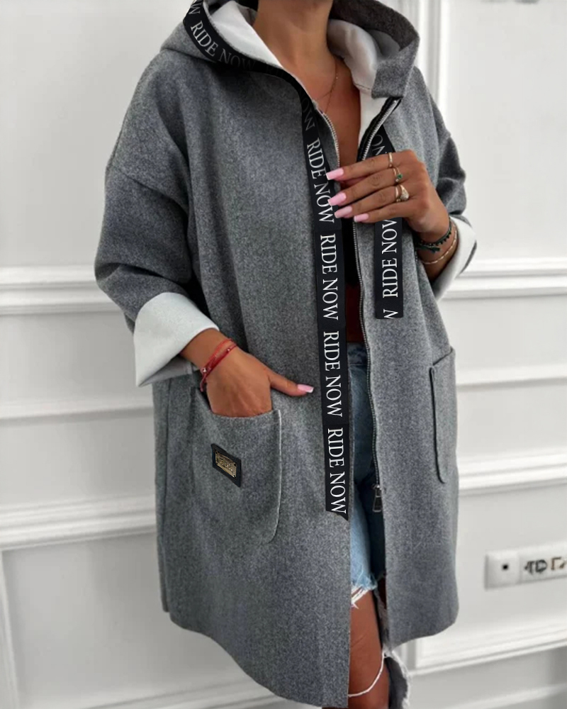 

Veste à capuche mi-longue décontractée avec poche zippée et bordure en ruban, Gray