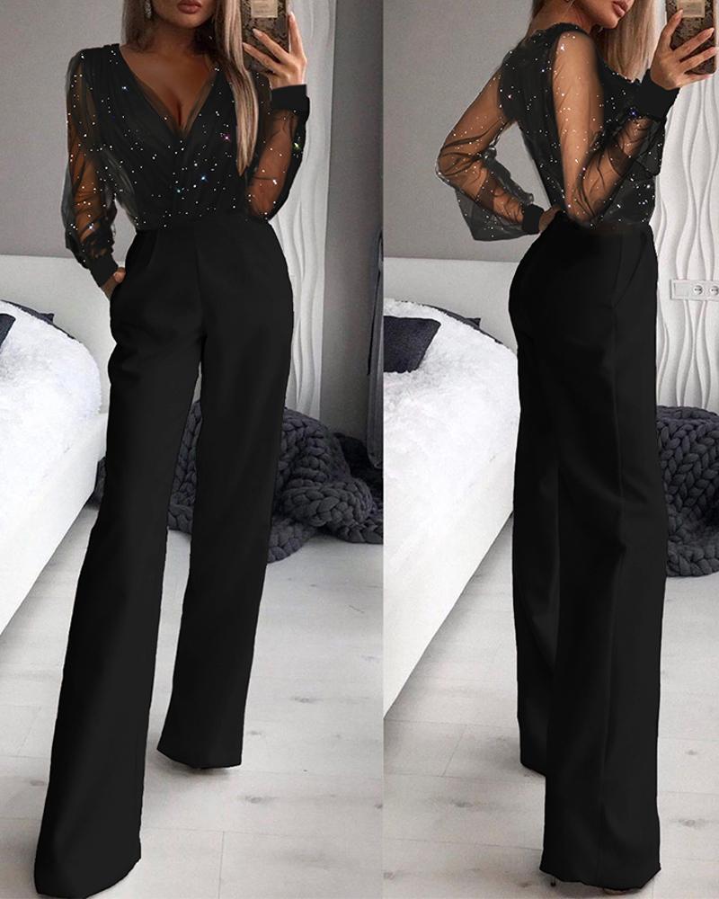 

Glitter Contrast Mesh Straight Leg Jumpsuit, Black