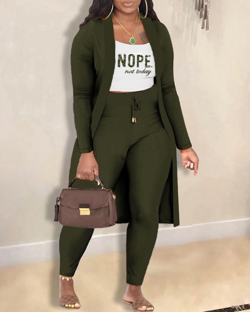 

Plus Size Nope Not Today Print Cami Top & Pants Set With Coat, Green