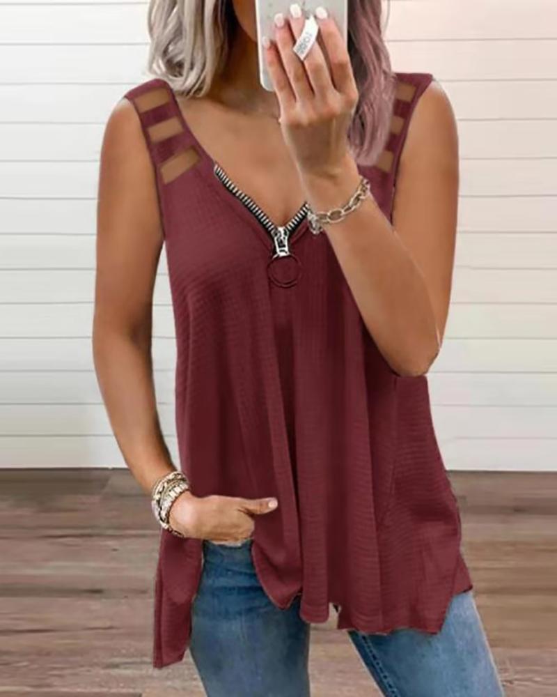 

Ladder Cutout Zip Front Knit Tank Top, Wine red