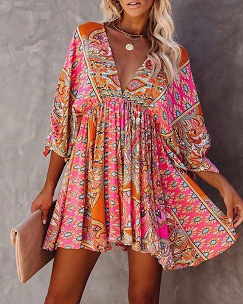 

V-Neck Ethnic Print Ruched Casual Dress, Hot pink