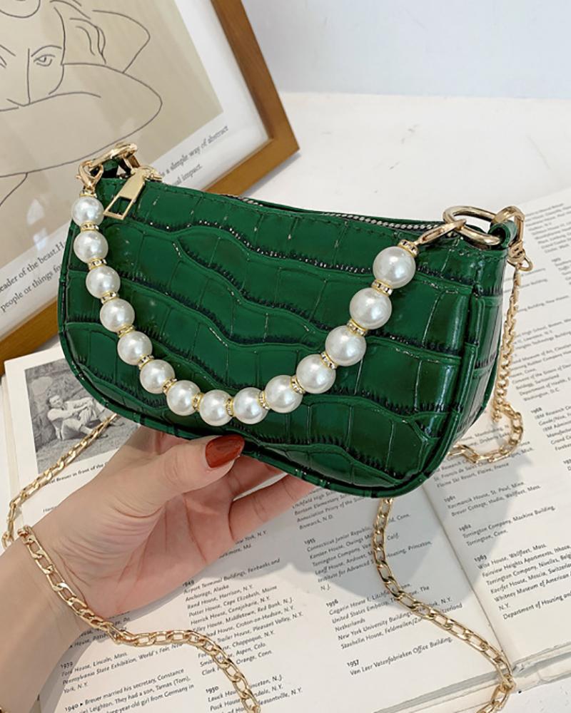 

Beaded Decor Croc Embossed Shoulder Bag, Green