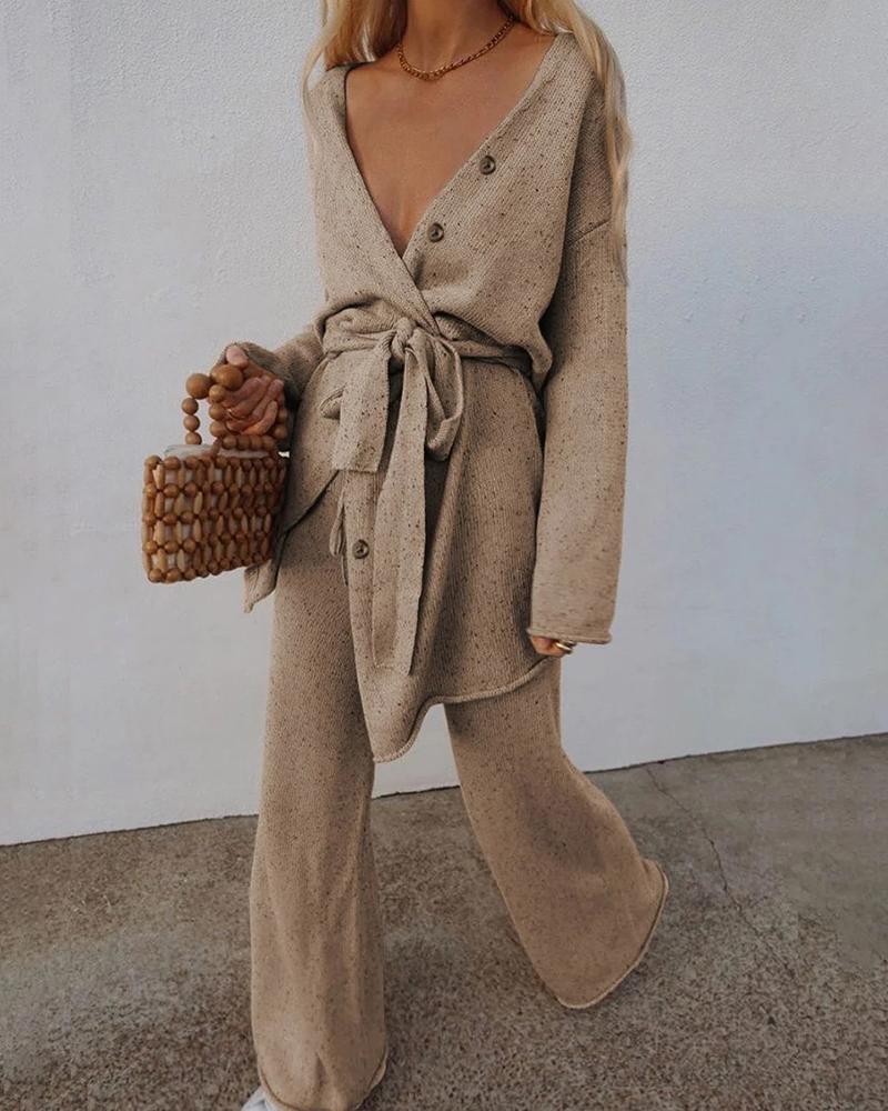 

Buttoned Knit Cardigan & Wide Leg Pants Set, Khaki