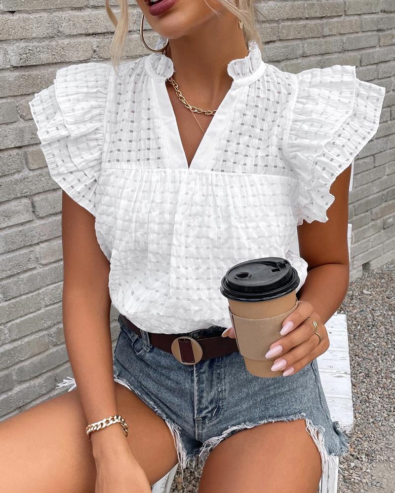 

Flutter Sleeve Plaid Pattern Top, White
